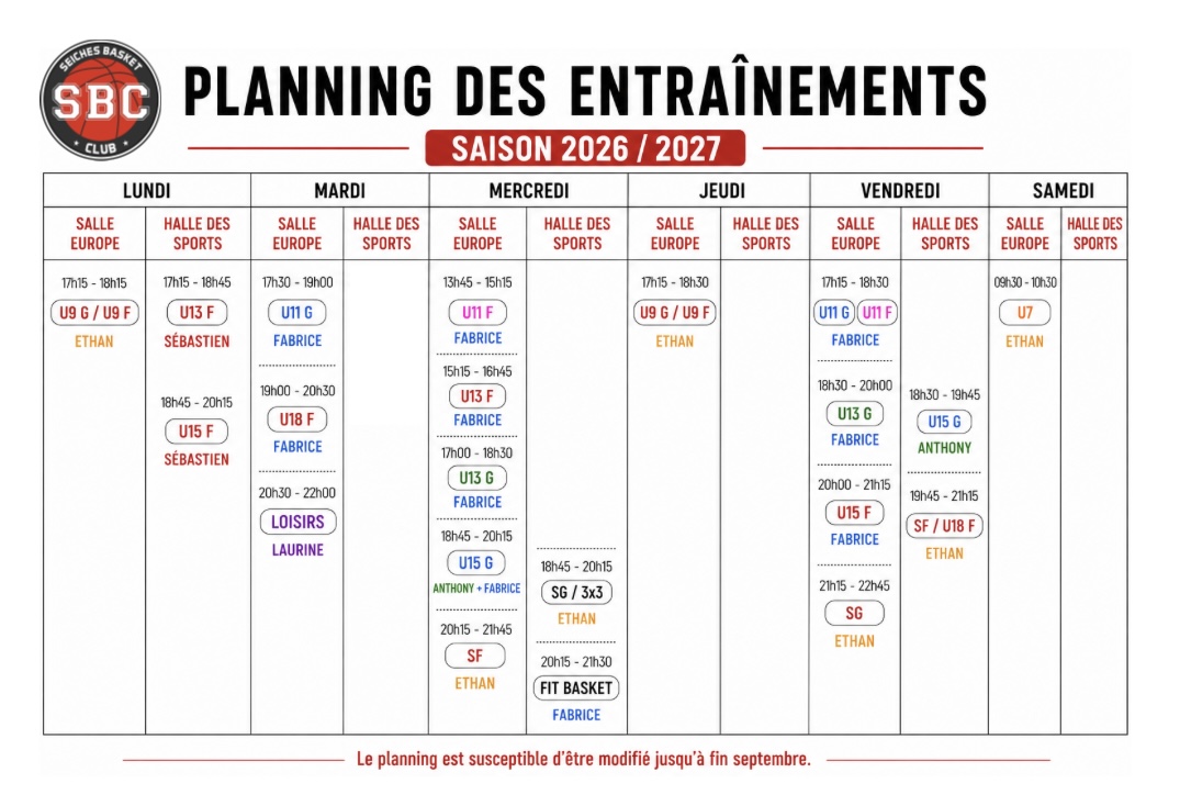 Planning entraînements
